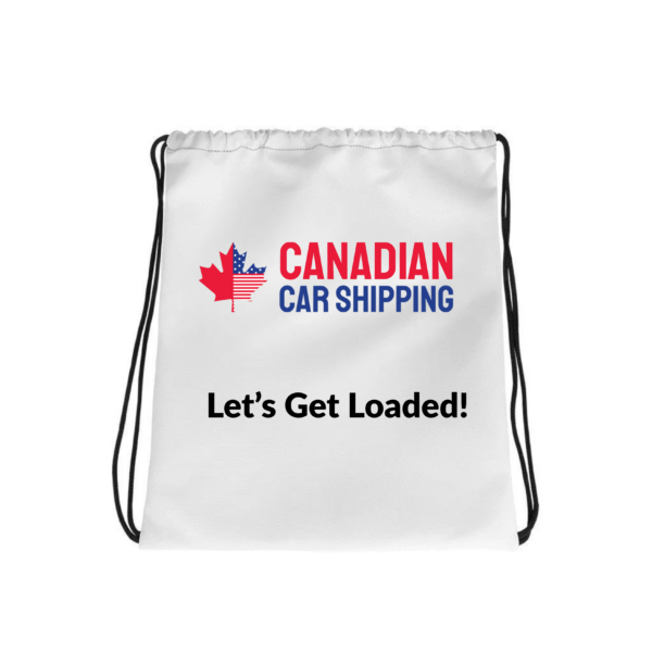 Canadian Car Shipping Drawstring Bag – White Cinch Sack with Logo and “Let’s Get Loaded!” Print